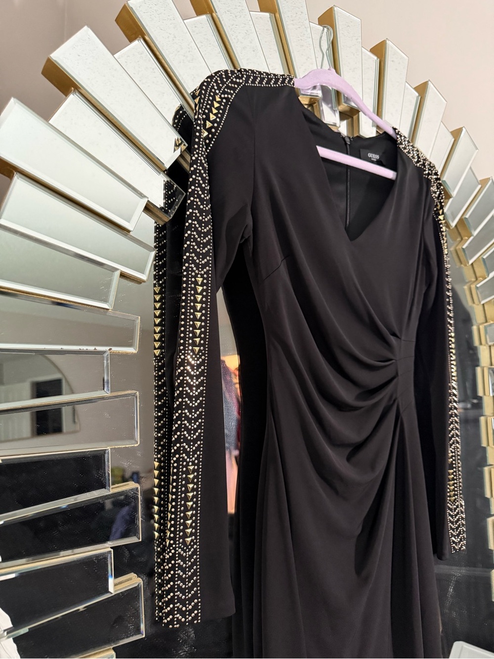 Guess Black Long-Sleeve Studded Ruched V-Neck Dress
